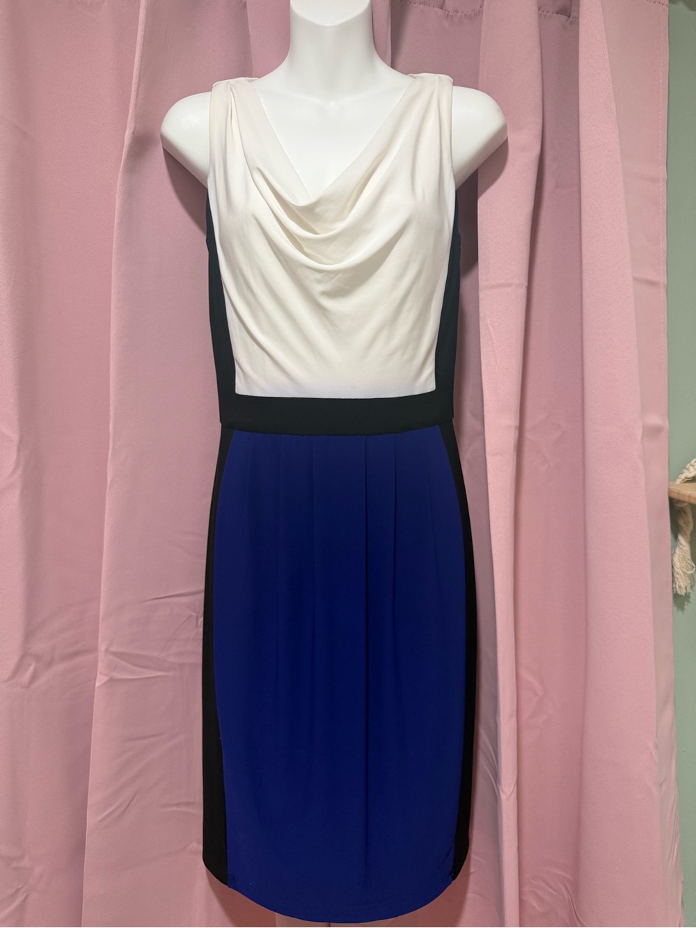 Ralph Lauren Sleeveless Colorblock Cowl Dress in Cream, Black and Royal Blue
